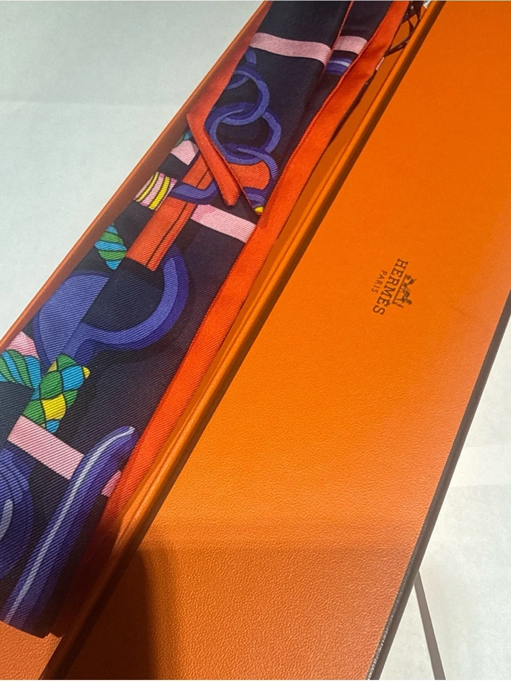 HERMES Twillon Scarf Silk Navy/Orange Original Box Great Gift